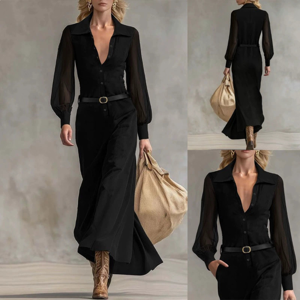 Forever 21 French Elegant Black Shirt Dress Mesh Long-Sleeve Waist Fitted Dress
